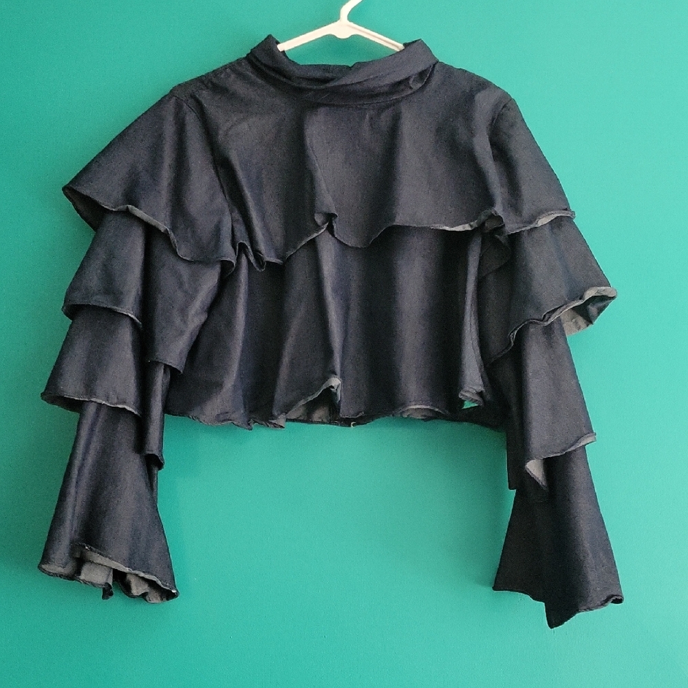 Navy Ruffled Long Sleeve Top